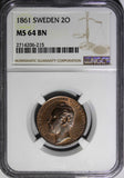 Sweden Carl XV Bronze 1861 2 Öre NGC MS64 BN NICE TONED TOP GRADED KM#706 (215)