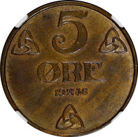 Norway Haakon VII Bronze 1936 5 Ore NGC MS62 BN Mintage- 760,000 KM# 368