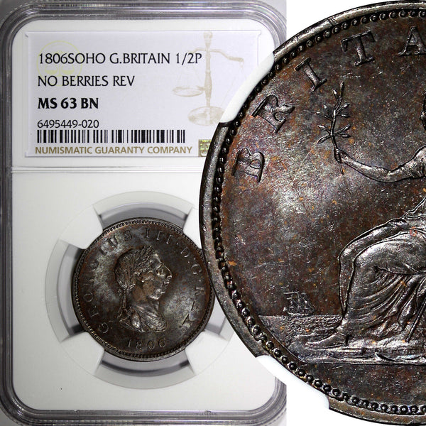 Great Britain George III Copper 1806 1/2 Penny Soho NGC MS63 BN KM# 662 (20)