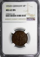 Germany, Weimar Republic Bronze 1932 D 4 Reichspfennig NGC MS62 BN  KM75 (164)
