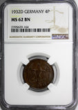Germany, Weimar Republic Bronze 1932 D 4 Reichspfennig NGC MS62 BN  KM75 (164)