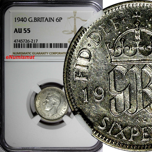 GREAT BRITAIN George VI Silver 1940 6 Pence NGC AU55  KM# 852 (217)