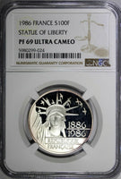 France Silver 1986 100 Francs STATUE OF LIBERTY NGC PF69 ULTRA CAMEO KM# 960(4)