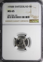 SWITZERLAND Copper-Nickel 1958 B 5 Rappen NGC MS65 HELVETICA  KM# 26 (109)