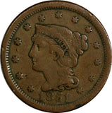 US Copper 1851 Braided Hair Large Cent 1 c. (15 668)