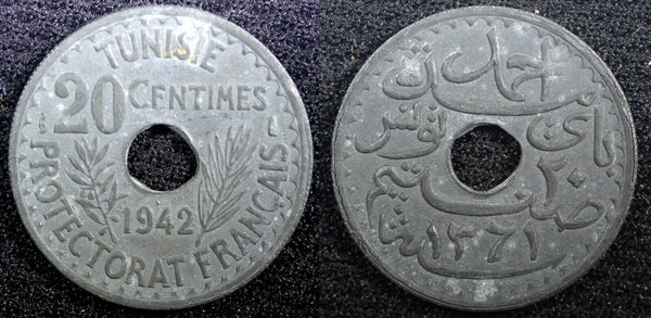 TUNISIA  Zinc 1942 20 Centimes WWII Issue aUNC TONED KM# 268 (23 012)