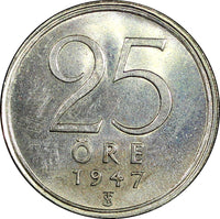 Sweden Gustaf V Silver 1947 TS 25 Öre   GEM BU COIN KM# 816 (22 025)