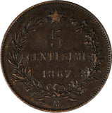 Italy Vittorio Emanuele II Copper 1867 M 5 Centesimi Milano Mint  KM#3.2 (316)