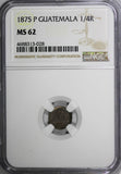 Guatemala Silver 1875 P 1/4 Real NGC MS62  Toning  KM# 146