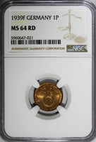 Germany-Third Reich Bronze 1939 F 1 Reichspfennig NGC MS64 RD RED KM# 89  (021)