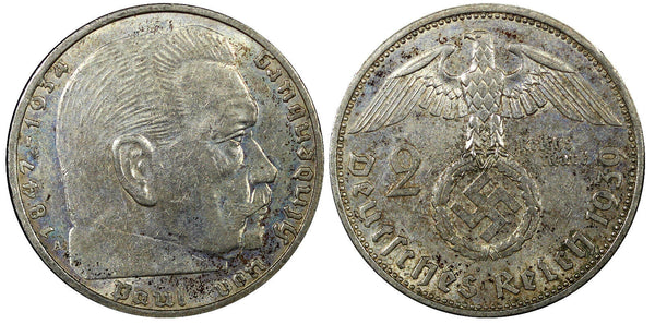 Germany - Third Reich Silver 1939 A 2 Reichs Mark Hindenburg KM# 93 (22 328)