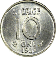 Sweden Gustaf VI SILVER 1952 10 Öre GEM BU COIN  KM# 823 (22 092)