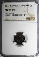 Switzerland Bronze 1913 B 1 Rappen NGC MS64 BN  HELVETIA KM# 3.2 (124)