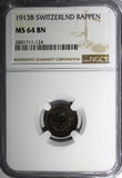 Switzerland Bronze 1913 B 1 Rappen NGC MS64 BN  HELVETIA KM# 3.2 (124)