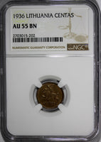 Lithuania Bronze 1936 1 Centas NGC AU55 BN 1 YEAR TYPE KM# 79