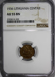 Lithuania Bronze 1936 1 Centas NGC AU55 BN 1 YEAR TYPE KM# 79