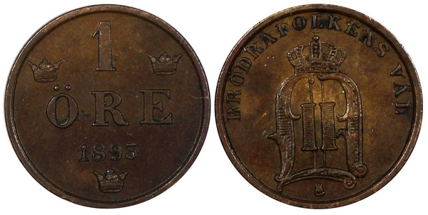 SWEDEN Oscar II Bronze 1893 1 ORE KEY DATE Ch.AU KM# 750 (20 865)