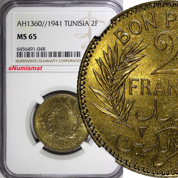 TUNISIA Aluminum-Bronze AH1360 1941 2 Francs NGC MS65 TOP GRADED KM# 248 (048)