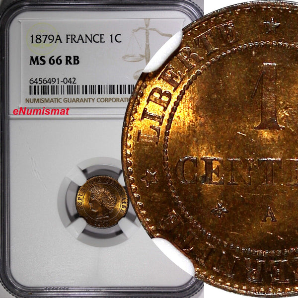 France Bronze 1879 A 1 Centime Paris Mint NGC MS66 RB TOP GRADED KM# 826.1 (042)