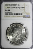 SWEDEN Silver 1959 TS 5 Kronor NGC MS64 Constitution Sesquicentennial KM#830(9)