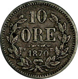 Sweden Carl XV Adolf Siver 1870 ST 10 Öre Mintage-384,000 KM# 710 (18 104)