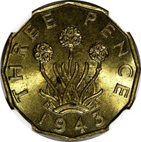 Great Britain George VI 1943 3 Pence WWII Issue NGC MS64 KM# 849 (024)