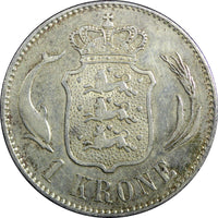 Denmark Christian IX Silver 1892 HC CS 1 Krone Last Year SCARCE KM# 797.1 (38)