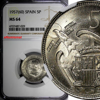 SPAIN Caudillo 1957 (60) 5 Pesetas NGC MS64 1 GRADED HIGHER KM# 786 (029)