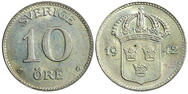 SWEDEN Gustaf V Silver 1942 G 10 Öre  Last Year GEM BU Toned KM# 780 (21 916)