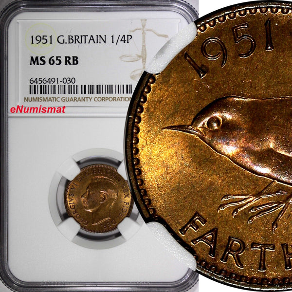Great Britain George VI Bronze 1951 1 Farthing NGC MS65 RB TOP GRADED KM# 867(0)
