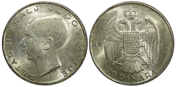 Yugoslavia Petar II Silver 1938 20 Dinara 1 Year Type KM# 23 (22 408)