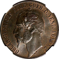 SWEDEN Oscar I Bronze 1858/7  5 Ore  Overdate NGC AU58 BN  KM# 690  (151)