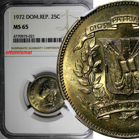 DOMINICAN REPUBLIC 1972 25 Centavos NGC MS65 Mintage-800,000 KM# 20a.1 (021)