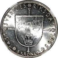 SWEDEN Silver 1935 G 5 Kronor NGC MS62 500th Anniversary of Riksdag KM# 806 (56)