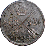 SWEDEN Frederick I 1749 2 Ore,S.M Low Mintage:313,000 Avesta Mint KM# 437 (2515)