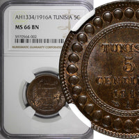 Tunisia Muhammad V AH1334/1916 A 5 Centimes NGC MS66 BN TOP GRADED KM# 235 (002)