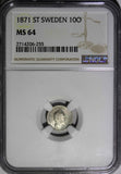 Sweden Carl XV Adolf Silver 1871 S.T. 10 Ore NGC MS64 Nice Toned KM# 710