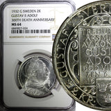 SWEDEN Silver 1932 G 2 Kronor NGC MS64 Death of Gustaf II Adolf BU KM# 805 (24)