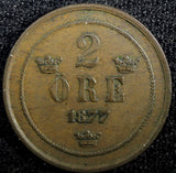 Sweden Oscar II Copper 1877 2 Ore 1st Year Type KM# 746   (23 137)