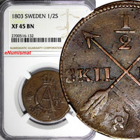 SWEDEN Copper 1803 1/2 Skilling OVERSTRUCK 1 ORE S.M. 1763 NGC XF45 BN KM565 (2)