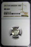 SWEDEN Gustaf V Silver 1917-W 10 Ore NGC MS64+ "PLUS" WWI Issue KM#780
