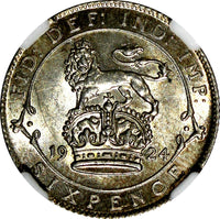 GREAT BRITAIN George V Silver 1924 6 Pence NGC MS63 LIGHT TONING KM# 815a.1 (29)
