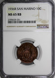 San Marino 1936-R 10 Centesimi NGC MS65 RB Lowest Mintage Type -300,000 KM# 13