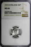 Finland Nicholas II Silver 1915 S 25 Pennia NGC MS66 WWI GEM BU KM #6.2 (005)
