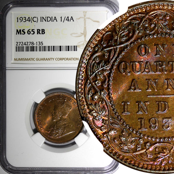 India-British George V Bronze 1934 (C) 1/4 Anna NGC MS65 RB NICE RED KM# 512 (5)