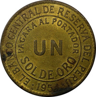 PERU Brass 1954 1 Sol de Oro 33 mm  UNC Condition KM# 222 (10 911)