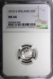 FINLAND Nicholas II Silver 1915 S 25 Pennia NGC MS66 WWI GEM BU KM #6.2 (04)