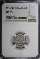 RUSSIA Nicholas II Silver 1915 10 KOPECKS NGC MS65 GEM BU   Y# 20a.3 (022)