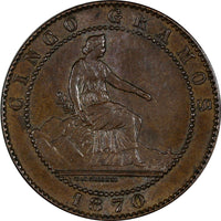 SPAIN Provisional Government Copper 1870 OM 5 Centimos Choice XF  KM# 662 (505)