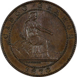 SPAIN Provisional Government Copper 1870 OM 5 Centimos Choice XF  KM# 662 (505)